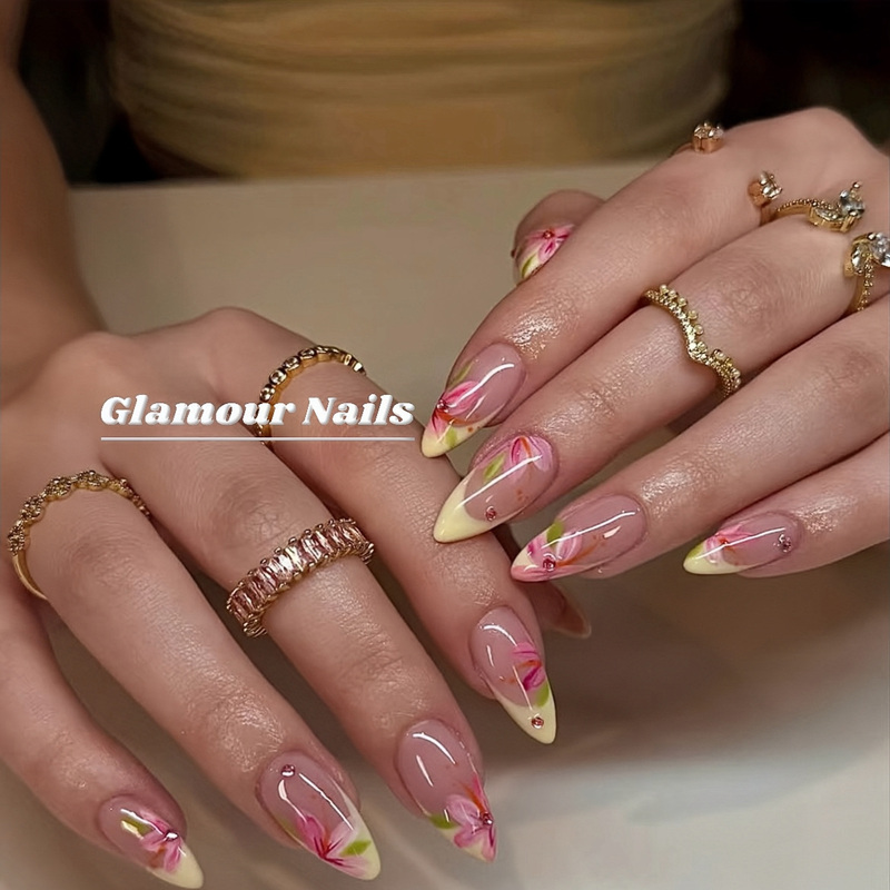 【Gn】Summer Hand-Painted Flower French Manicure Yellow French Exquisite Elegant European and American Style Handmade Manicure