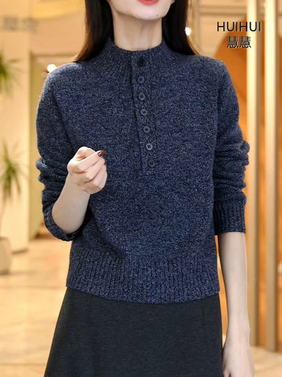 Женский шерстяной свитер с цветочным принтом на полпуговицах, новинка осени-зимы 2025, облегающий трикотажный топ с воротником-стойкой и длинными рукавами