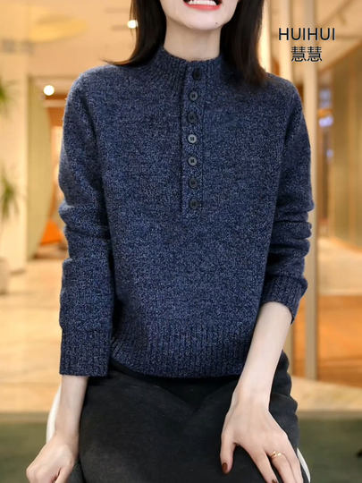 Женский шерстяной свитер с цветочным принтом на полпуговицах, новинка осени-зимы 2025, облегающий трикотажный топ с воротником-стойкой и длинными рукавами