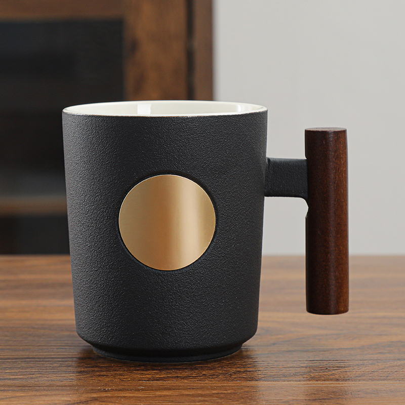 Vintage Ceramic Mugs with Custom Logo Engraving, Copper Plaque Tea Cups, Business Gift Set