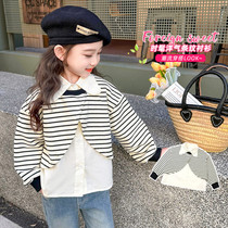Girls shirts spring 2024 new fashionable baby girl spring tops childrens spring and autumn long-sleeved shirts with stripes