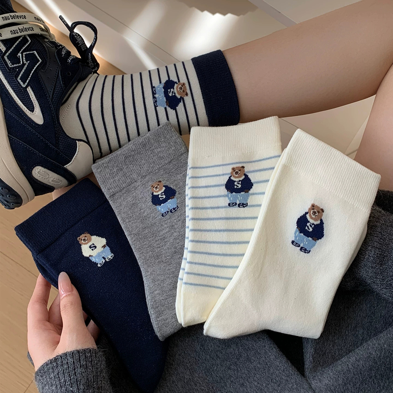 Striped Bear Socks for Women, Mid-Calf Socks, Spring and Autumn Cotton Socks, Japanese Cute Cartoon Ins Trendy Autumn and Winter Long Socks