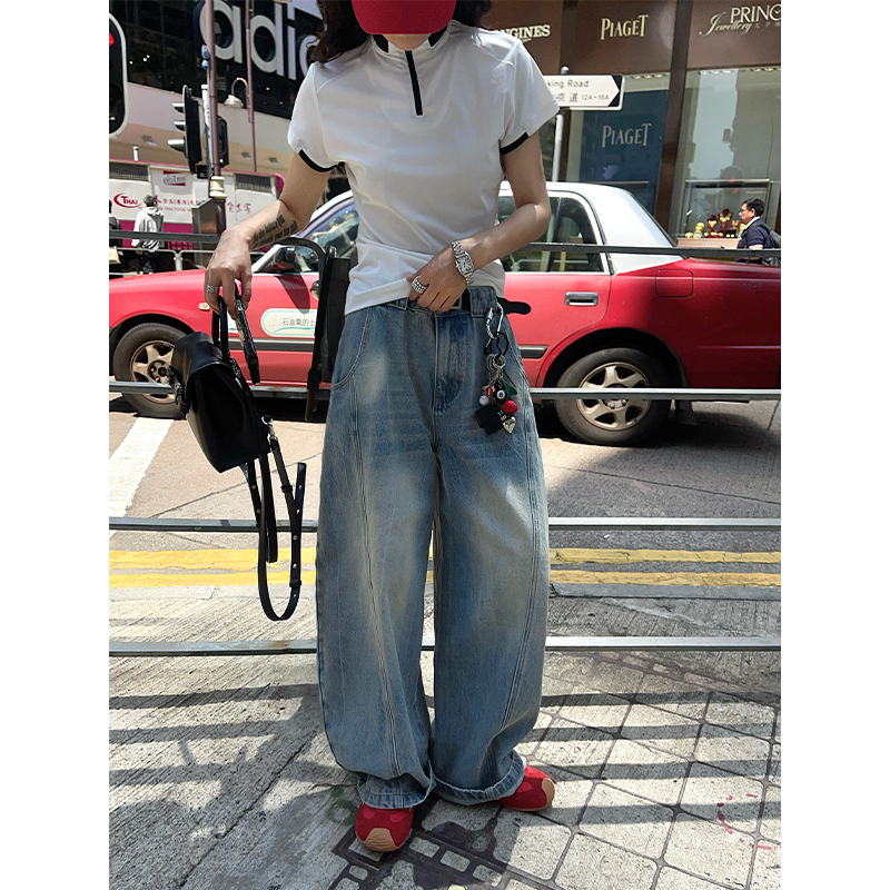 Chuanhe Washed Vintage Scimitar Jeans for Women, Spring High-Waisted Loose Deconstructed Scratch Design Wide-Leg Pants