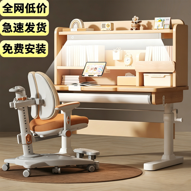 Children's Study Table, Primary School Students' Home Solid Wood Desk, Adjustable Height Desk and Chair Set, 2026 New Model, Eye-Protecting Writing Desk