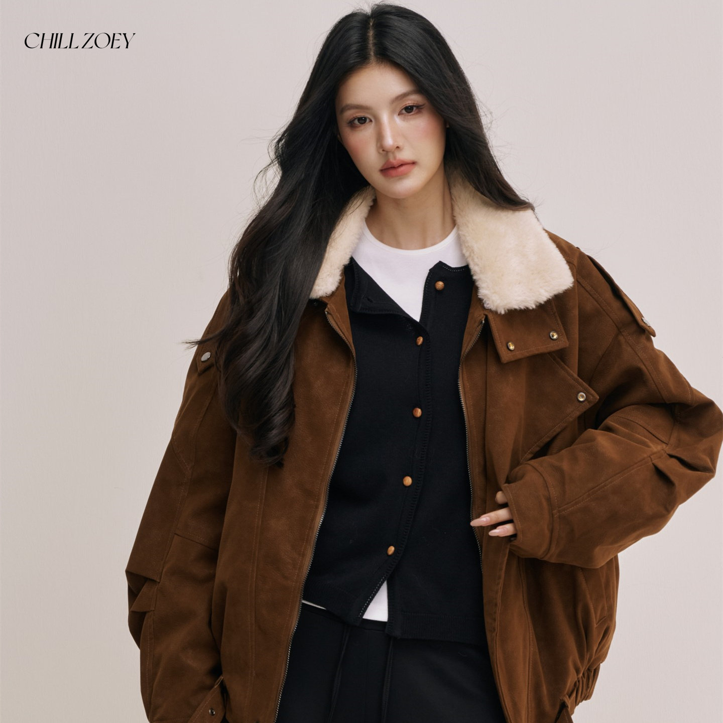 CHILL ZOEY浮光叩皮外套新款女冬季毛领复古气质牛仔夹克外套短款
