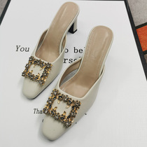 2024 Summer Square Toe Thick Heel Outerwear Slippers Womens French Rhinestone Buckle High Heel Sandals Womens Baotou Cowhide Half Slippers