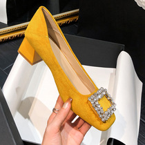 2024 New Genuine Leather Womens Shoes with Rhinestone Buckle Shallow Mouth French High Heels Red Wedding Shoes Comfortable Commuting Professional Thick Heels