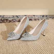 Pointed toe stiletto high heels large size plus fat and widened womens single shoes wedding shoes brides shoes square buckle rhinestone wedding shoes wedding banquet