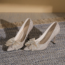 2024 New Pointed Toe Stiletto Bow High Heels Large Size Rhinestone Wedding Shoes Bridal Shoes Womens Single Shoes Small Size Temperament