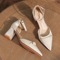 6666-2 Thick heel pearl chain satin one-line wedding shoes high heels wedding banquet dress with French retro style