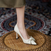 2024 new pointed toe stiletto high heels large size plus fattening and widening bow womens single shoes small size shallow mouth commuting