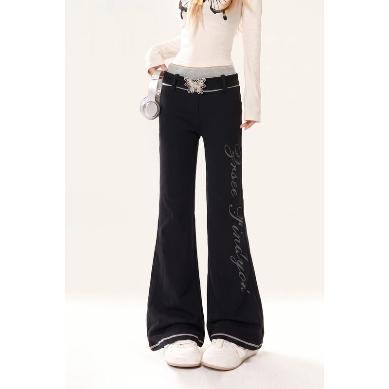 Natural Black Butterfly Belt Casual Flared Sweatpants for Women, New Autumn Style, Color-Blocking, Loose Fit, Slimming Sports Pants Natural Black Butterfly Belt Casual Flared Sweatpants for Women, New Autumn Style, Color-Blocking, Loose Fit, Slimming Sports Pants