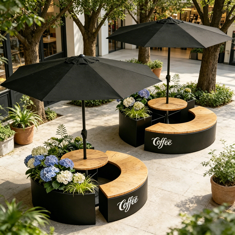 French-Style Outdoor Patio Table and Chair Set with Flower Box, Bench, and Umbrella for Commercial Use Outside Store Entrances