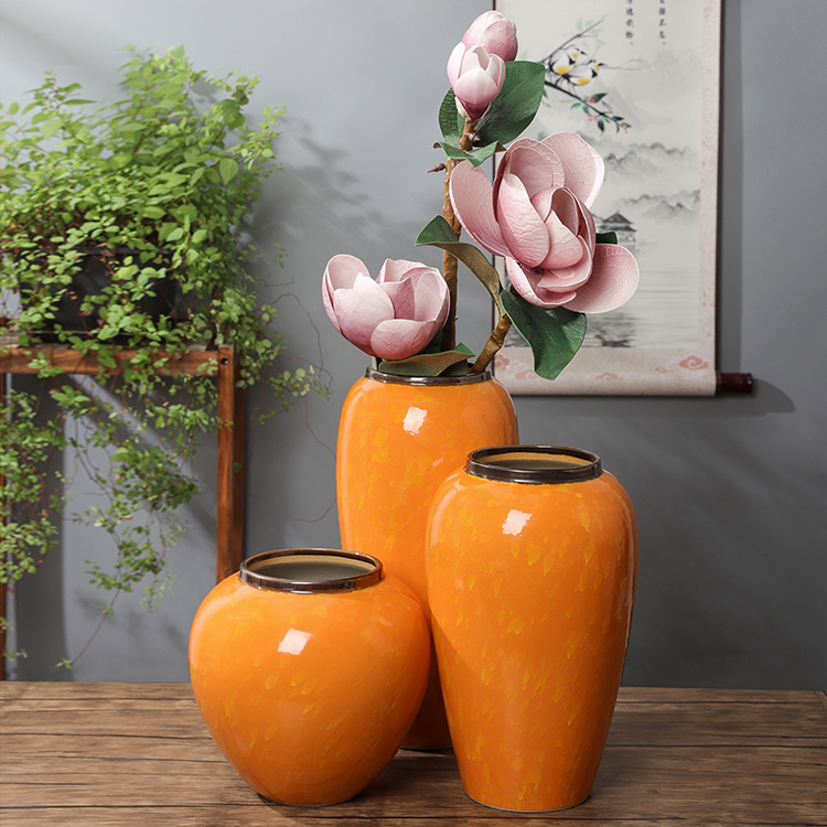 Home Decoration Ornaments Jingdezhen Ceramic Three-Piece Set Dried Flower Vase New Chinese Style Ceramic Vase Bright Orange Color