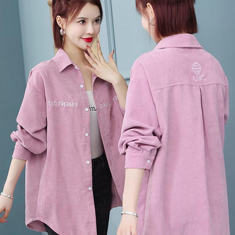 コーデュロイシャツジャケット、レディース春秋2025新作、ゆったりスリムミドル丈刺繍カーディガンシャツ