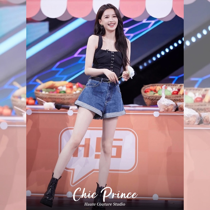 [Same Style as Sun Yi] Chic Prince Summer High-Waisted Rolled-Edge Denim Shorts for Women, Slimming and Loose A-Line Hot Pants