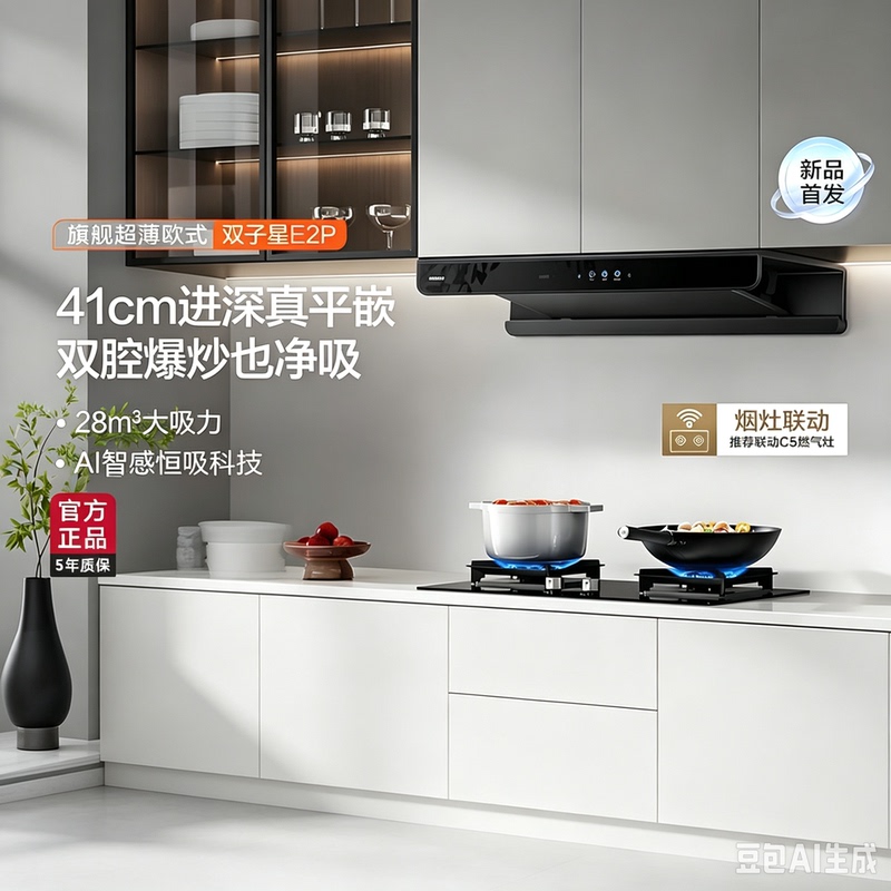 Boss 66D5-E2 Range Hood E2P European-Style Top-Suction Inverter Model with High Suction Power, Range Hood and Stove Linkage Set