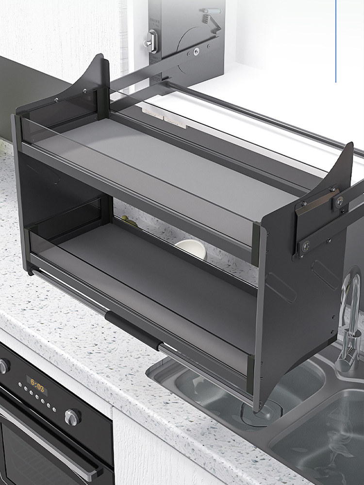 Kitchen Wall Cabinet Lift-Down Pull-Out Storage Cabinet Spice Lift Large Capacity Double-Layer Seasoning Storage Rack