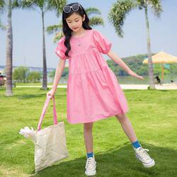Girls' Summer Hot-Selling 2025 New Solid Color Dress, Simple and Fashionable Puff Sleeve Children's Clothing, Sweet Princess Dress