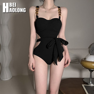 贝浩龙 黑色高级感泳衣女款泡温泉2023新款连体小胸钢托聚拢遮肚