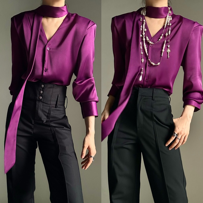 Asae Ribbon Shirt Purple and Red with Shoulder Pads V-Neck Halter Neck Ascetic Style Unisex Long-Sleeved Shirt Asae Ribbon Shirt Purple and Red with Shoulder Pads V-Neck Halter Neck Ascetic Style Unisex Long-Sleeved Shirt