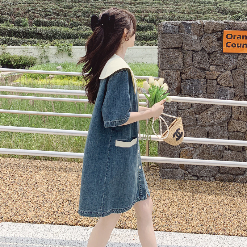 Lusam 法式复古牛仔娃娃领连衣裙女夏季2026年新款小个子宽松裙子