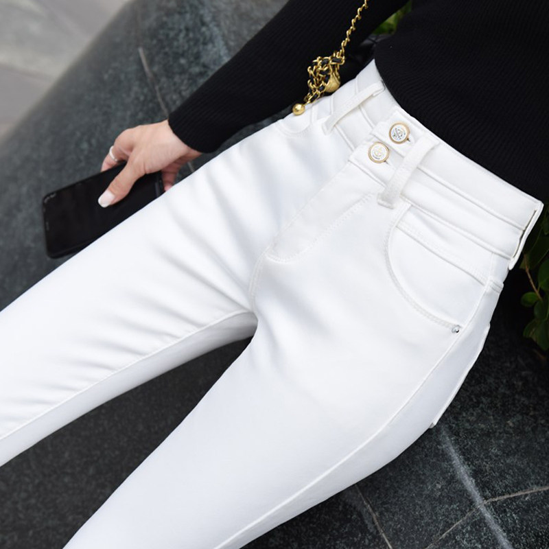 Lusam 白色牛仔裤女高腰夏季2024新款韩版弹力紧身九分小脚女裤子