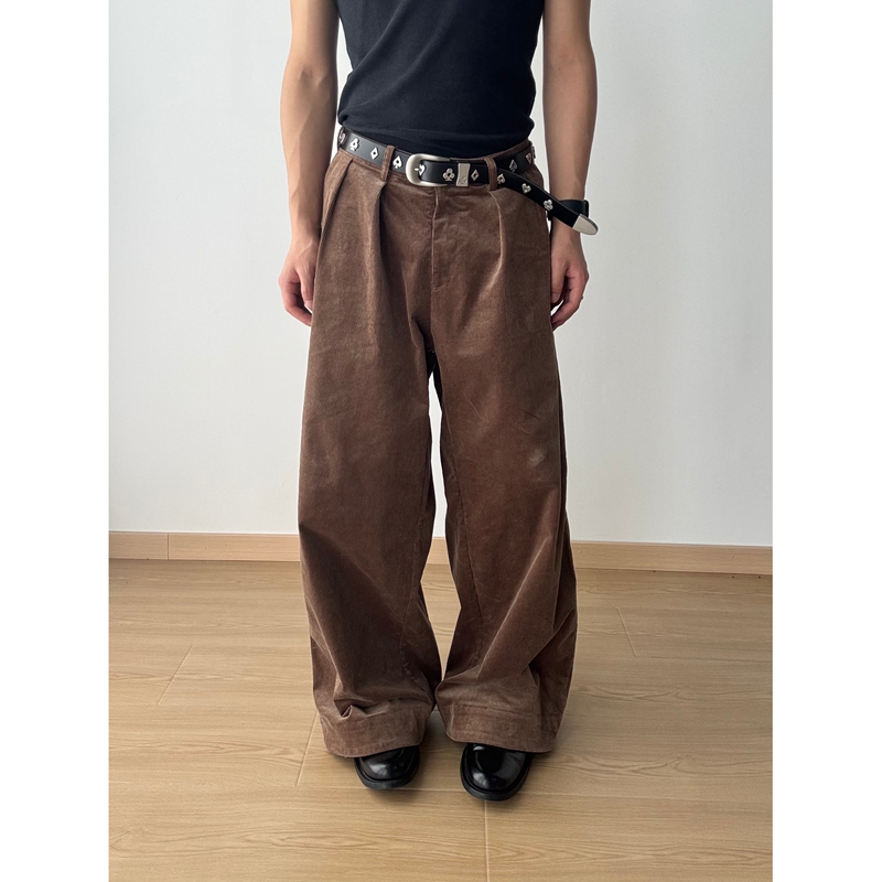 Sukchor Three-Dimensional Multi-Pleated Retro Washed Corduroy Loose A-Line Commuter Casual Pants