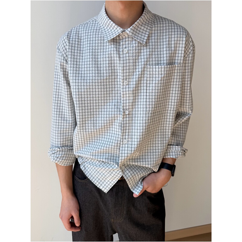 「Nico's Style」Sukchor Plaid Seersucker Texture High-Intellectual College Style Drawstring Long-Sleeve Shirt