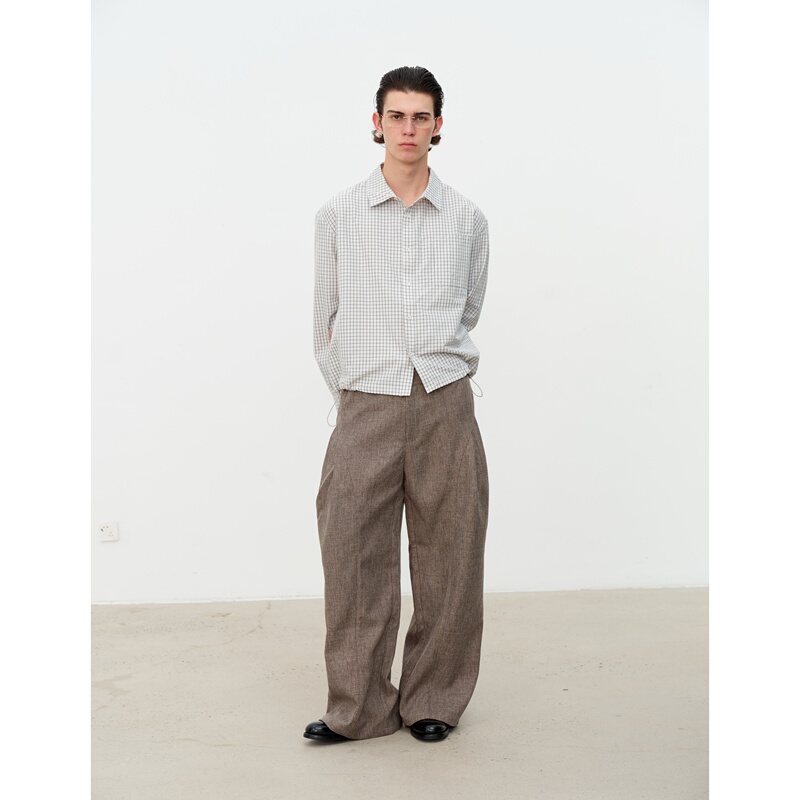 Sukchor Retro Gray Coffee Floral Yarn Texture Loose-Fitting Double-Pleated A-Line Wide-Leg Casual Trousers