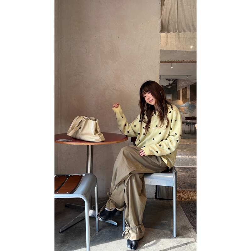 Sukchor Wool Blend'Yellow Coffee Polka Dot' High-Intellectual College Style Knitted Cardigan Sweater