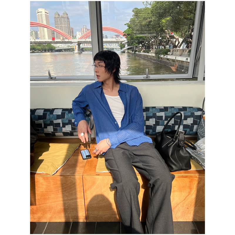 Sukchor Blue and White Striped High-End Drape Wrinkle-Resistant Versatile Spring and Summer Sun-Protective Lightweight Long-Sleeve Shirt