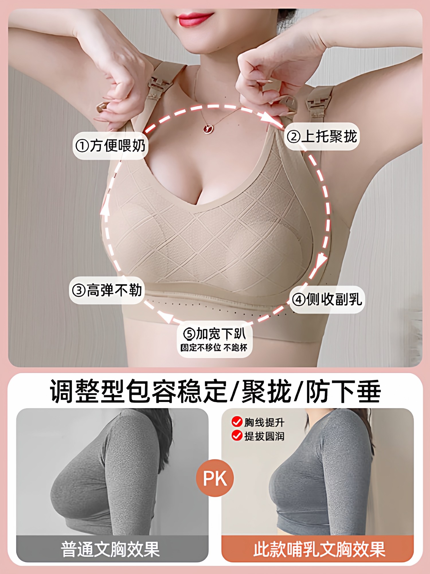 Nursing Bra, Push-Up, Anti-Sagging, Side Breast Collection, Postpartum Breastfeeding, Special for Pregnant Women, Dual-Use during Pregnancy, Large Size, Thin Bra