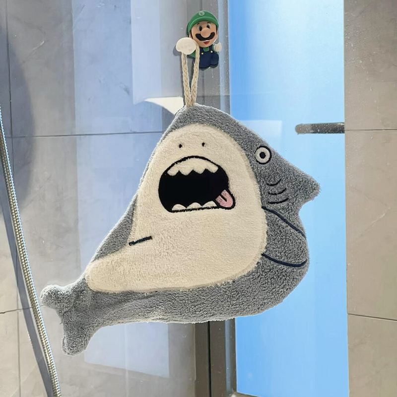 Shark Hand Towel, Hanging Type, Cute, for Bathroom, Household Use, Children's Hand Towel, Coral Fleece, Thickened, Absorbent, Lint-Free