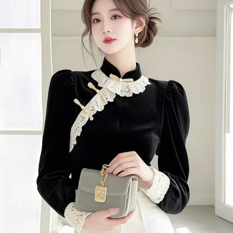 French-Style Lace Patchwork High-Neck Base Shirt, Winter High-End Inner Wear with Buttoned Shirt, Super Stylish and Beautiful Top