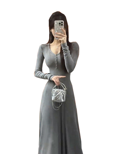 Gray knitted dress for spring and autumn clothes for women 2025 new style for women with high-end slim fit and slim waist long skirt