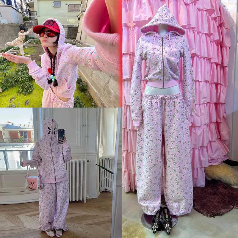 Ashleyw* 26 New Pink Panda Mask Hoodie Sweatshirt Short Sweatshirt and Sweatpants Set