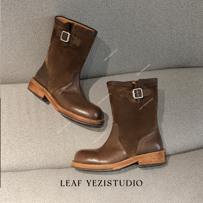 【Mountain and Wilderness】Washed First-Layer Cowhide Vintage Patchwork Oxford Slouch Boots 26349016+20