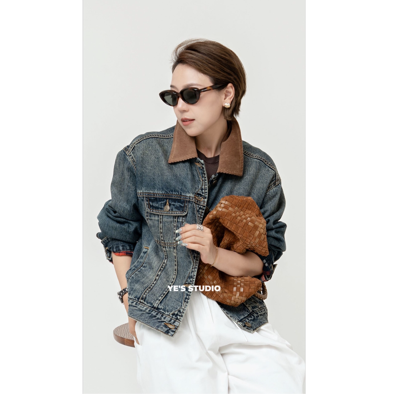 【Carmel Town】Washed Vintage Corduroy Collar with Contrasting Color Stitching American-Style Denim Jacket 26301004 【Carmel Town】Washed Vintage Corduroy Collar with Contrasting Color Stitching American-Style Denim Jacket 26301004