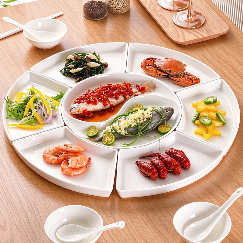 Pure White Bone China Tableware Set for Home Use, Fan-Shaped Plate Combination, Creative Irregular-Shaped Cold Dish and Hot Dish Plates for Restaurant Commercial Use