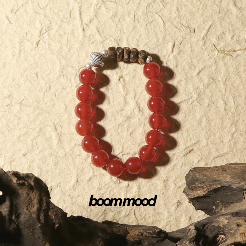 New Year's Blessing Gift: Boommood Red Agate, Green Qinan Agarwood, Pure Silver Natural Stone Design Bracelet