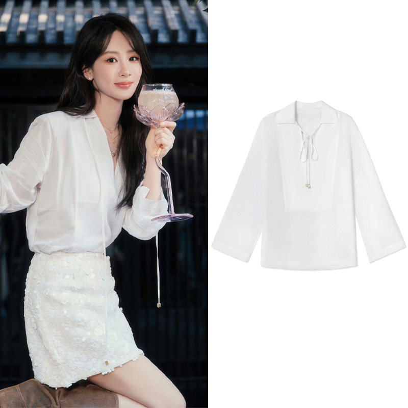 楊子同型ホワイトレースVネック長袖シャツ女性夏薄手日焼け防止シャツゆったり気質レディーストップス
