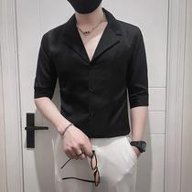 Mens short-sleeved shirt handsome style 2024 new summer three-quarter sleeve shirt no ironing anti-wrinkle high-end casual and slim