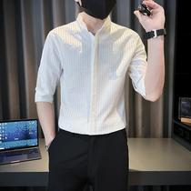 Summer white shirt mens short-sleeved trendy brand handsome stand-up collar shirt mens 2024 new high-end ice silk top