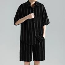 Eighteen-eighth summer mens casual short-sleeved shirt trendy Korean style slightly loose and drapey vertical stripes handsome shirt for men