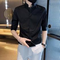 Mens stand-up collar shirt short-sleeved summer ice silk handsome hairstylist trendy mens casual 7-point three-quarter sleeve shirt