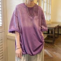 Washed gradient pure cotton short-sleeved summer 300g heavy silhouette T-shirt for boys with handsome design and American three-quarter sleeves