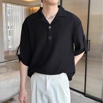 Handsome mens Polo shirt short-sleeved summer trendy design premium V-neck T-shirt ice silk cool three-quarter sleeve top