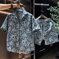 High-end embossed embossed niche design handsome short-sleeved shirt mens summer trendy loose shirt shorts suit