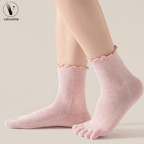 VALVOELITE pure cotton fungus lace sports socks womens split-toe antibacterial five-finger socks breathable sweat-absorbent mid-calf socks